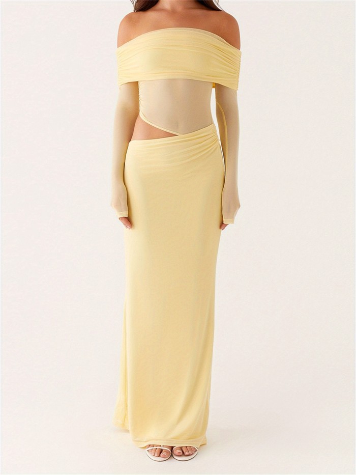 Women’s Long Sleeve Off-Shoulder Mesh Ruched Bodycon Maxi Dress