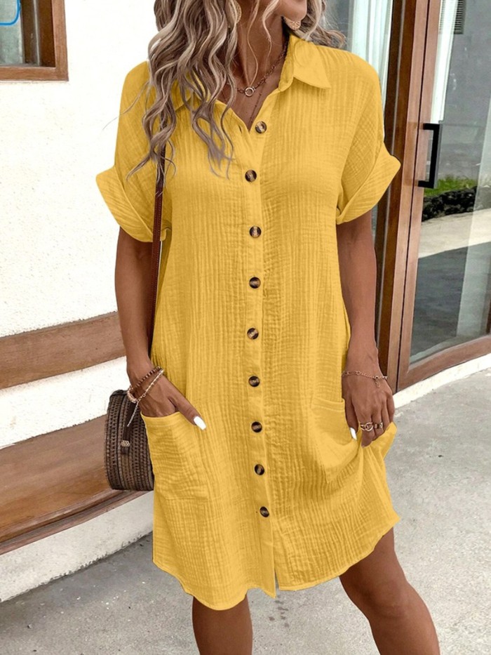 Women’s Casual Lapel Button Pocket Mini Dress