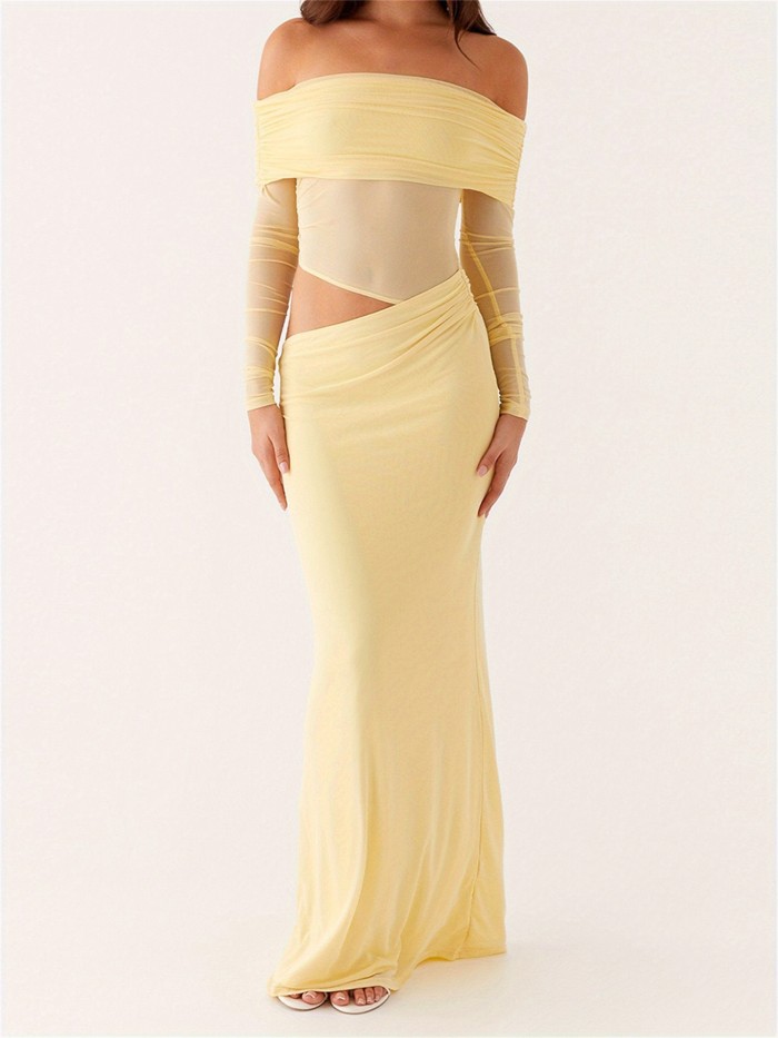 Women’s Long Sleeve Off-Shoulder Mesh Ruched Bodycon Maxi Dress