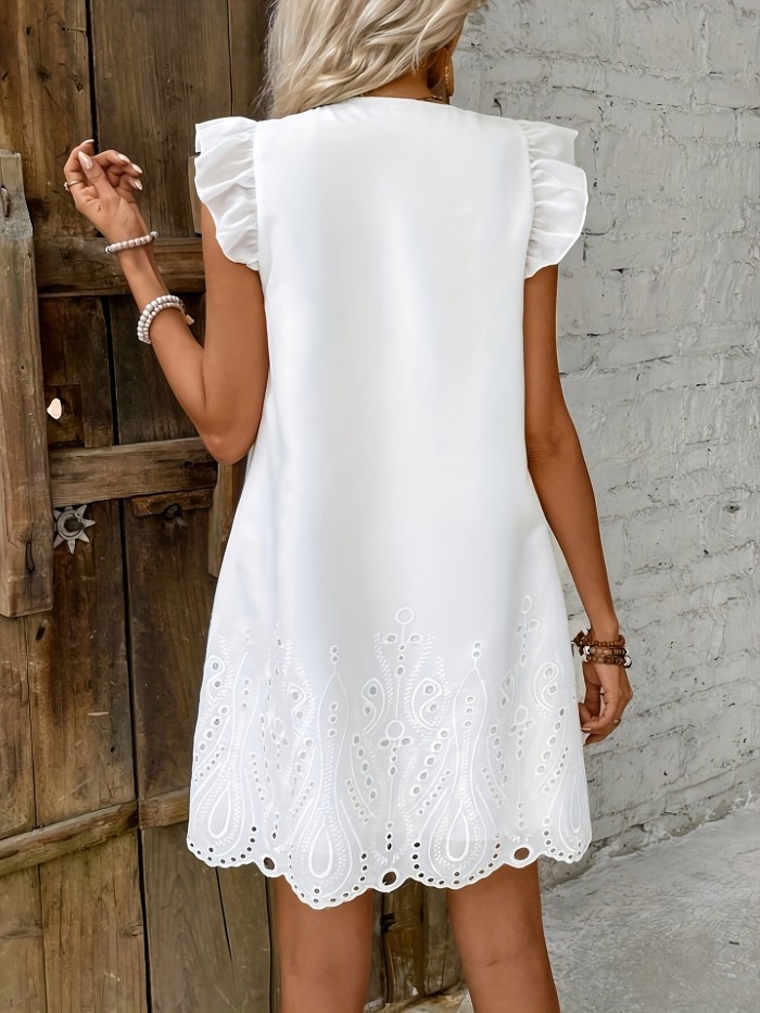 Women’s V-Neck Hollow Hem Solid Short Sleeve Mini Dress