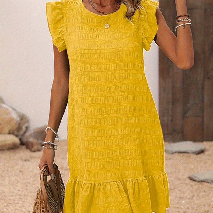 Women’s Solid Color Ruffle Hem Crew Neck Flying Sleeve Mini Dress