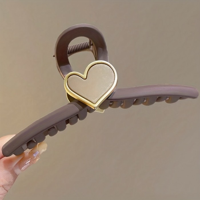 1pc Non-Slip Solid Color Hair Claw Clip with Heart Decoration, Strong Hold Grip for Thick Hair