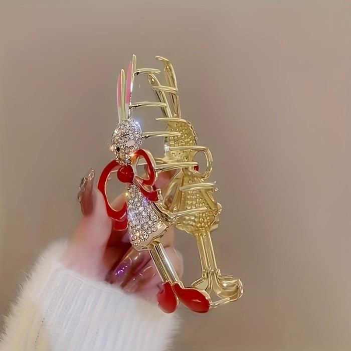 Adorable Metallic Crystal Diamond Rabbit Claw with Exquisite Ears, Shark Clip for a Stylish Updo, Suitable for Everyday Wear And Party Occasions.