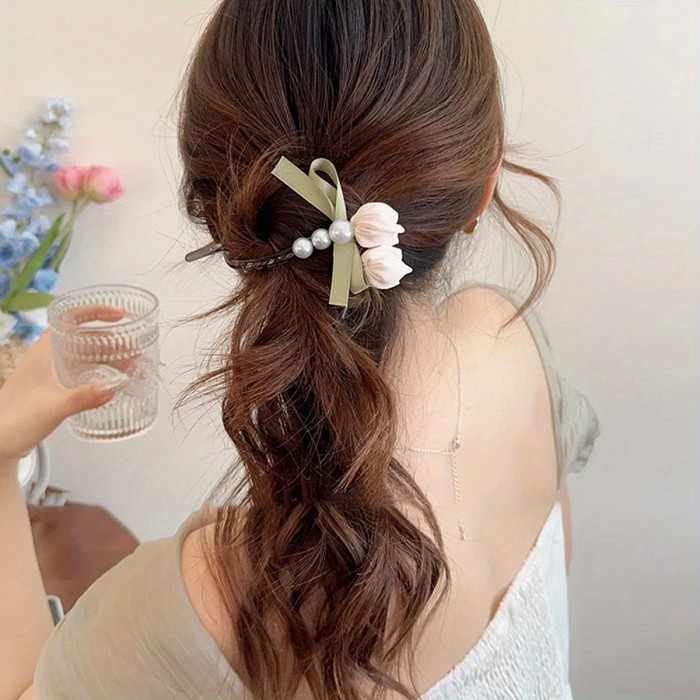 1pc Elegant Floral Hair Clip - Pastel Pink\u002FYellow\u002F Green\u002FRed\u002FWhite\u002F, Secure Ponytail Holder & Updo Grip for Women s, Everyday, Parties, Weddings - Floral Hair Accessories, Cute Hair Accessories