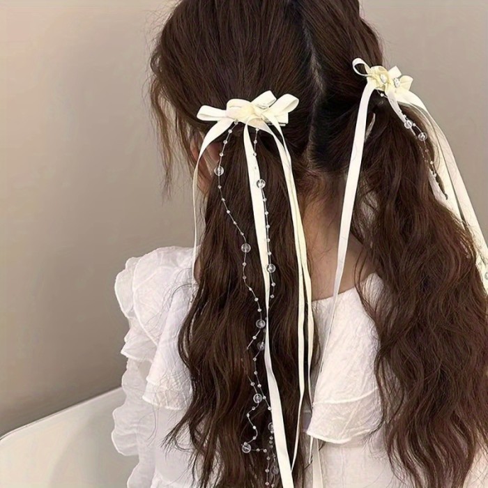 French Ribbon Beaded Bow Hair Clip, Paired with Ballet Style, Flowing Fringe, Bangs, Ins, Fairy Style Headwear, Korean Style, Gentle Temperament, Hair Accessories, Japanese Accessories, Gift Selection