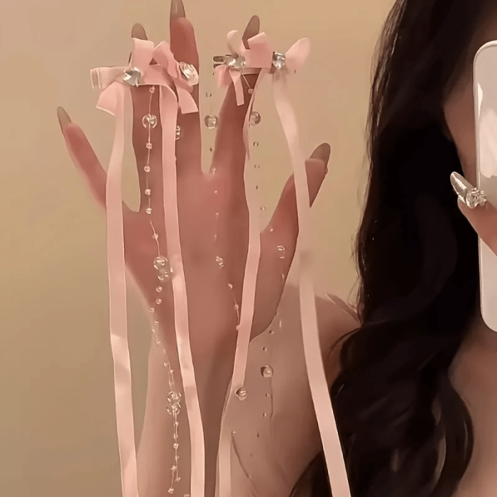 French Ribbon Beaded Bow Hair Clip, Paired with Ballet Style, Flowing Fringe, Bangs, Ins, Fairy Style Headwear, Korean Style, Gentle Temperament, Hair Accessories, Japanese Accessories, Gift Selection