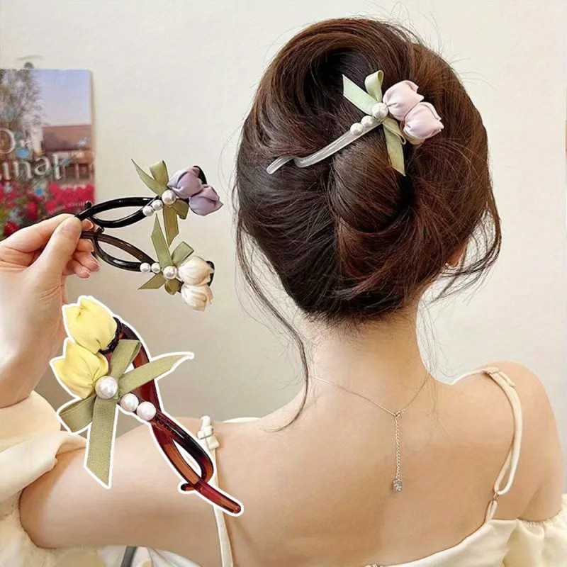 1pc Elegant Floral Hair Clip - Pastel Pink\u002FYellow\u002F Green\u002FRed\u002FWhite\u002F, Secure Ponytail Holder & Updo Grip for Women s, Everyday, Parties, Weddings - Floral Hair Accessories, Cute Hair Accessories