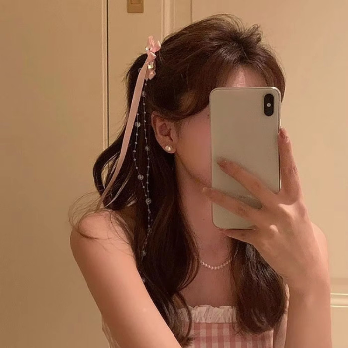 French Ribbon Beaded Bow Hair Clip, Paired with Ballet Style, Flowing Fringe, Bangs, Ins, Fairy Style Headwear, Korean Style, Gentle Temperament, Hair Accessories, Japanese Accessories, Gift Selection