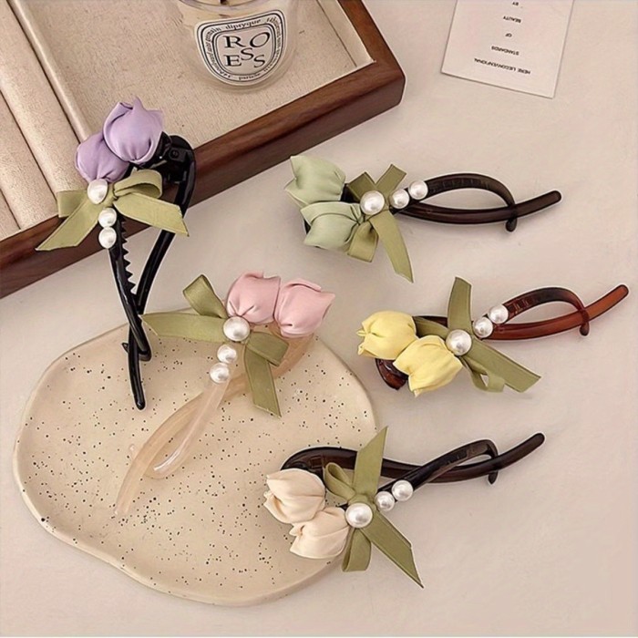 1pc Elegant Floral Hair Clip - Pastel Pink\u002FYellow\u002F Green\u002FRed\u002FWhite\u002F, Secure Ponytail Holder & Updo Grip for Women s, Everyday, Parties, Weddings - Floral Hair Accessories, Cute Hair Accessories