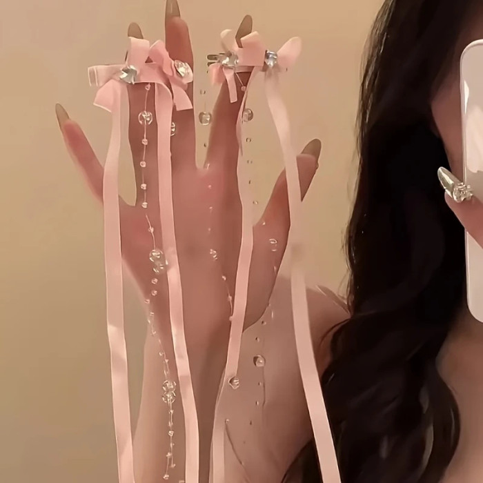 French Ribbon Beaded Bow Hair Clip, Paired with Ballet Style, Flowing Fringe, Bangs, Ins, Fairy Style Headwear, Korean Style, Gentle Temperament, Hair Accessories, Japanese Accessories, Gift Selection