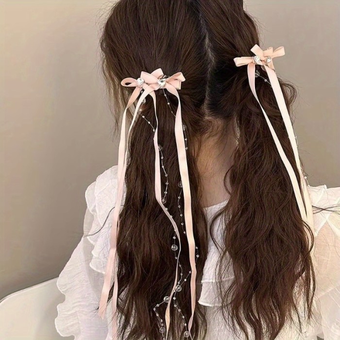 French Ribbon Beaded Bow Hair Clip, Paired with Ballet Style, Flowing Fringe, Bangs, Ins, Fairy Style Headwear, Korean Style, Gentle Temperament, Hair Accessories, Japanese Accessories, Gift Selection