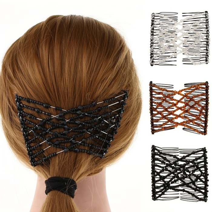 1pc Magic Comb with Crystal Decor 1pc Magic Hair Comb Vintage Bead Stretchy Magic Clips Double Hair Clip Crystal Stretch Faux Pearls Decor Hair Accessories Hair Jewelry Hair Styling Decoration