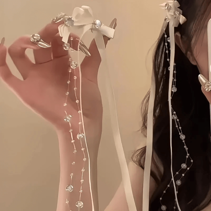 French Ribbon Beaded Bow Hair Clip, Paired with Ballet Style, Flowing Fringe, Bangs, Ins, Fairy Style Headwear, Korean Style, Gentle Temperament, Hair Accessories, Japanese Accessories, Gift Selection