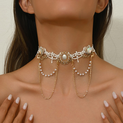 Women Choker Lolita White Lace Necklace Ins Chain Pearl Tassel Rhinestone Stacked Necklaces Collar Geometry Female Accessories