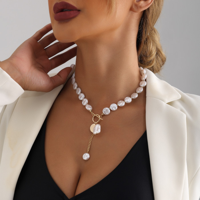 Simple Single-layer Baroque Imitation Flat Pearl Necklace Accessories Cool and Stylish Sweater Chain Jewelry
