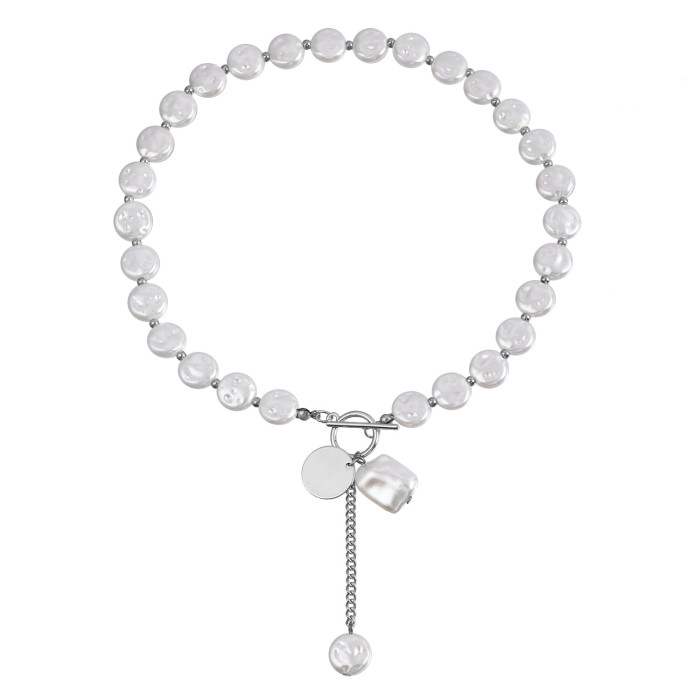 Simple Single-layer Baroque Imitation Flat Pearl Necklace Accessories Cool and Stylish Sweater Chain Jewelry