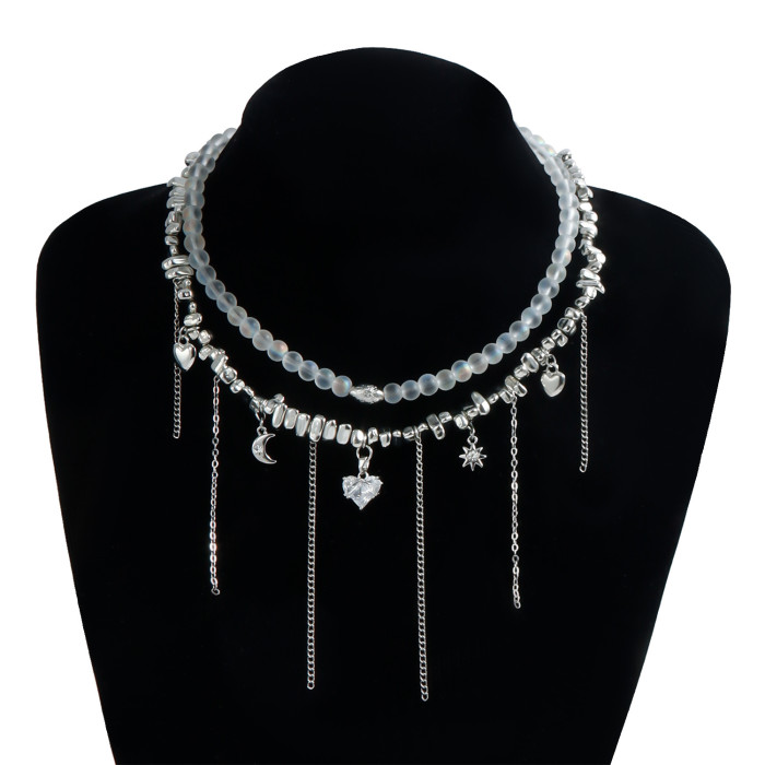 Love Heart Zircon Double Chain Fringe Design Ins Crystal Necklace for Women Festivals Gift Fashion Trend Accessories