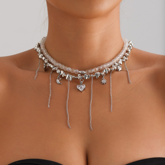 Love Heart Zircon Double Chain Fringe Design Ins Crystal Necklace for Women Festivals Gift Fashion Trend Accessories