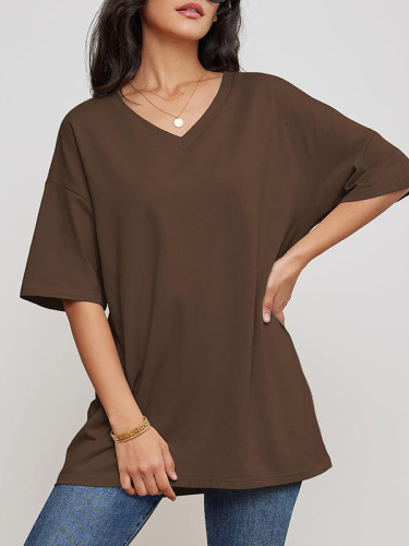 Solid Color Split-Joint Short Sleeves V-Neck T-Shirts