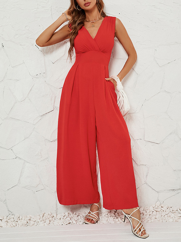 Pleated Solid Color Split-Joint Loose Sleeveless V-neck Jumpsuits