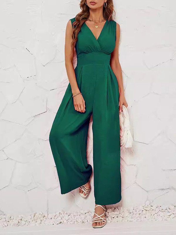 Pleated Solid Color Split-Joint Loose Sleeveless V-neck Jumpsuits
