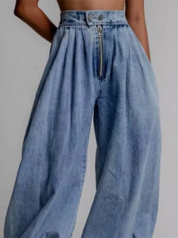 Buttoned Solid Color Zipper Loose Trousers Knickerbockers Jean Pants Bottoms