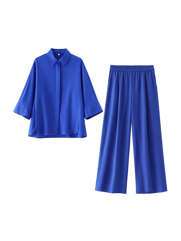 Loose Solid Color Split-Joint Split-Side Lapel Blouse + Elasticity Pleated Pants Trousers Two Pieces Set