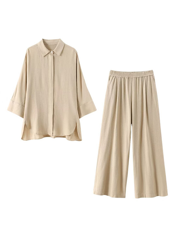 Loose Solid Color Split-Joint Split-Side Lapel Blouse + Elasticity Pleated Pants Trousers Two Pieces Set