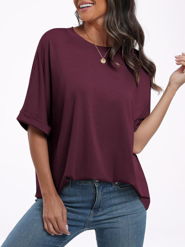 Solid Color Split-Joint Raglan Sleeve Round-Neck T-Shirts