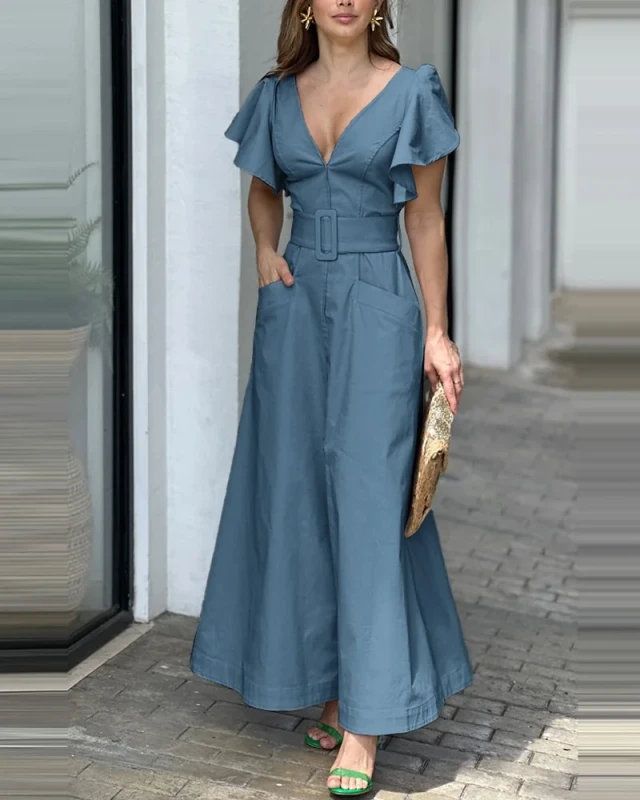 Solid Color Ruffles High Waist Long Pocket Dress Loose Ankle Length V Neck Short Sleeve Women Maxi Dress