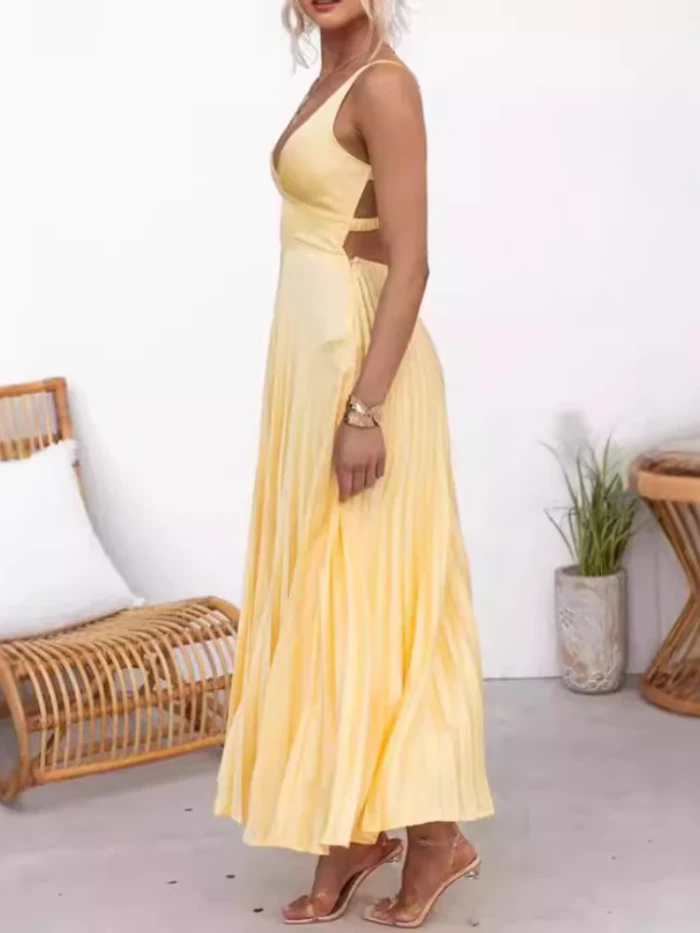 Women's Holiday Elegant Solid Color Pleated Maxi Dress