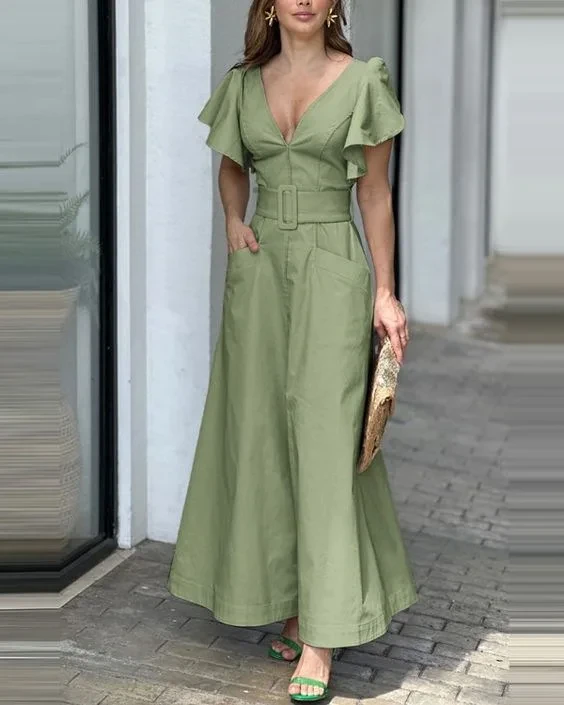 Solid Color Ruffles High Waist Long Pocket Dress Loose Ankle Length V Neck Short Sleeve Women Maxi Dress