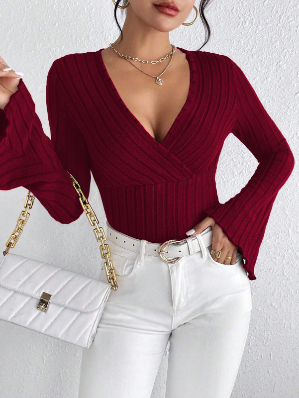 Women’s Elegant Slim Fit Top – Wine Red V-Neck Long Sleeve Shirt