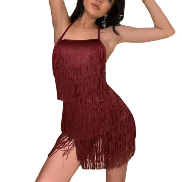 Women's Sexy Backless Tassel Halter Mini Dress