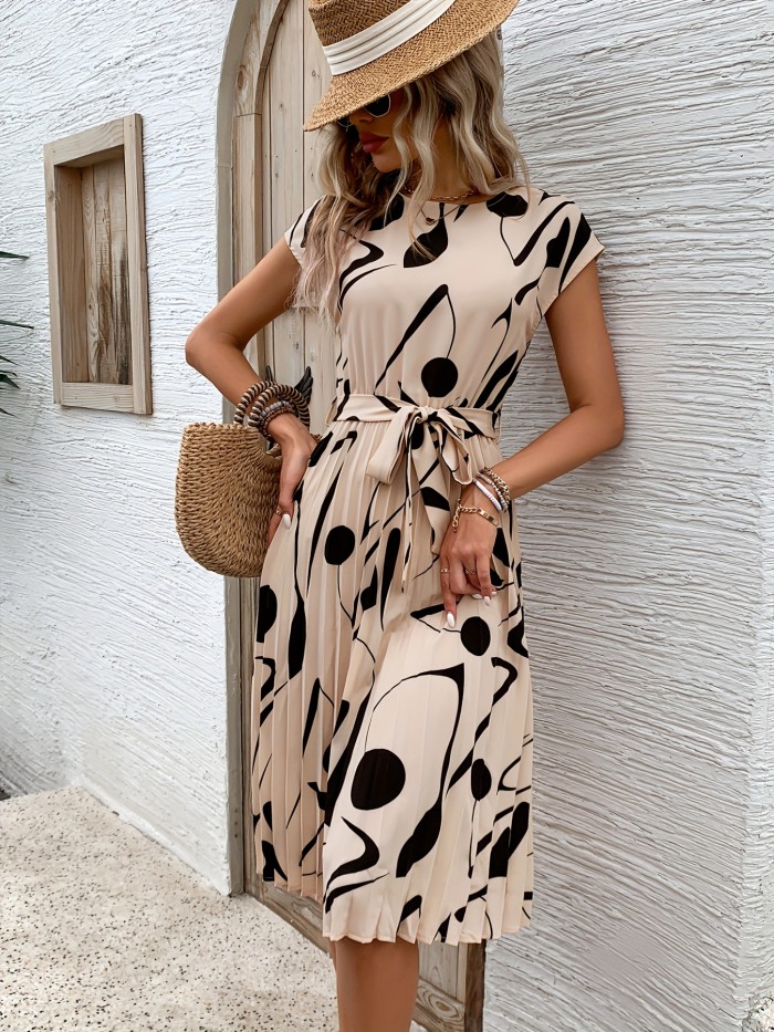Women'S Summer Pink Geometric Print A-Line Midi Dress