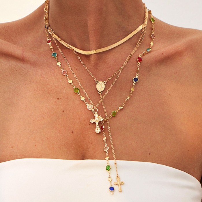 Ingemark Simple Cross Pendant Necklace Colorful Crystal Metal Chain Choker Necklace Hip Hop Tassel Clavicle Necklace Women
