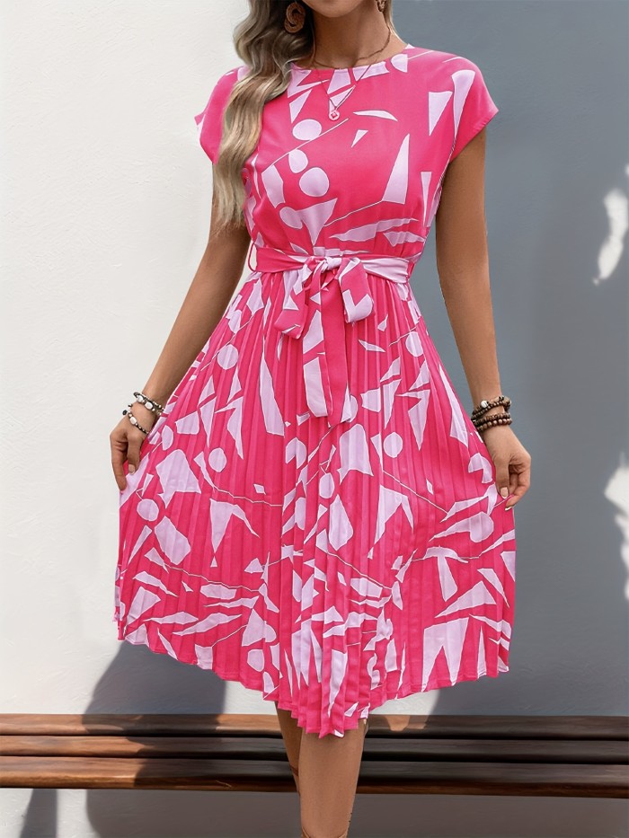 Women'S Summer Pink Geometric Print A-Line Midi Dress