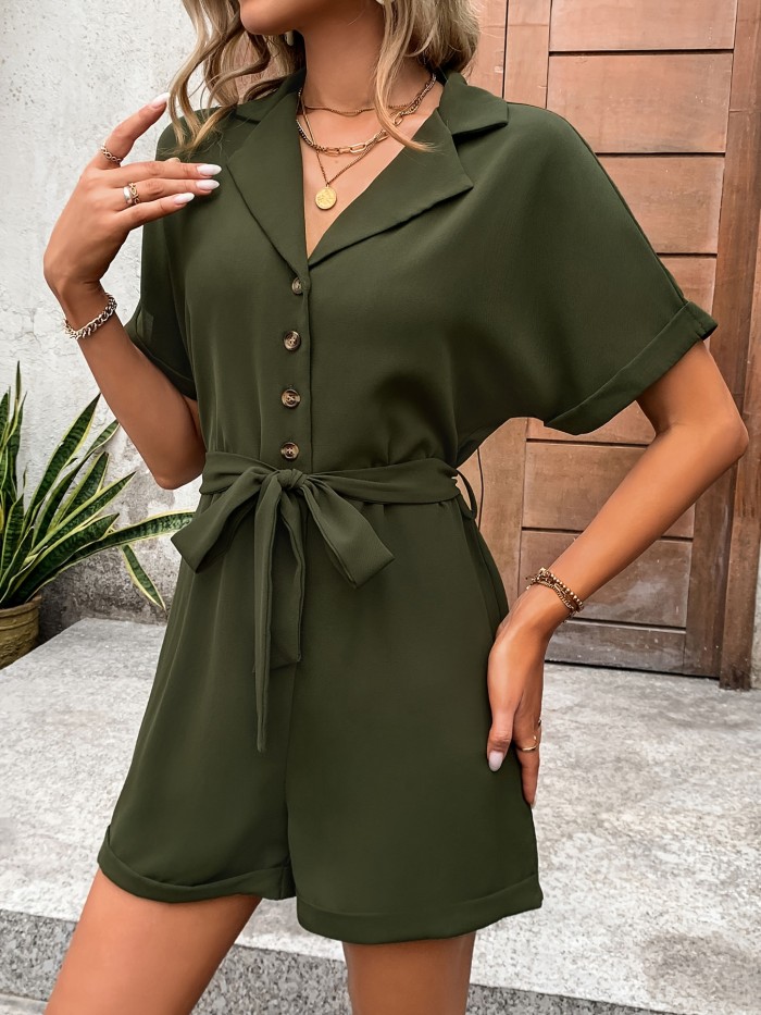Solid Color V-Neck Jumpsuit, Button Belt Romper, Short Sleeve Casual Elegant Summer Outfit for Women