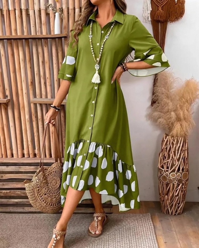 Women's Elegant Polka Dot Contrast Collar Tiered Sleeve A-Line Dress