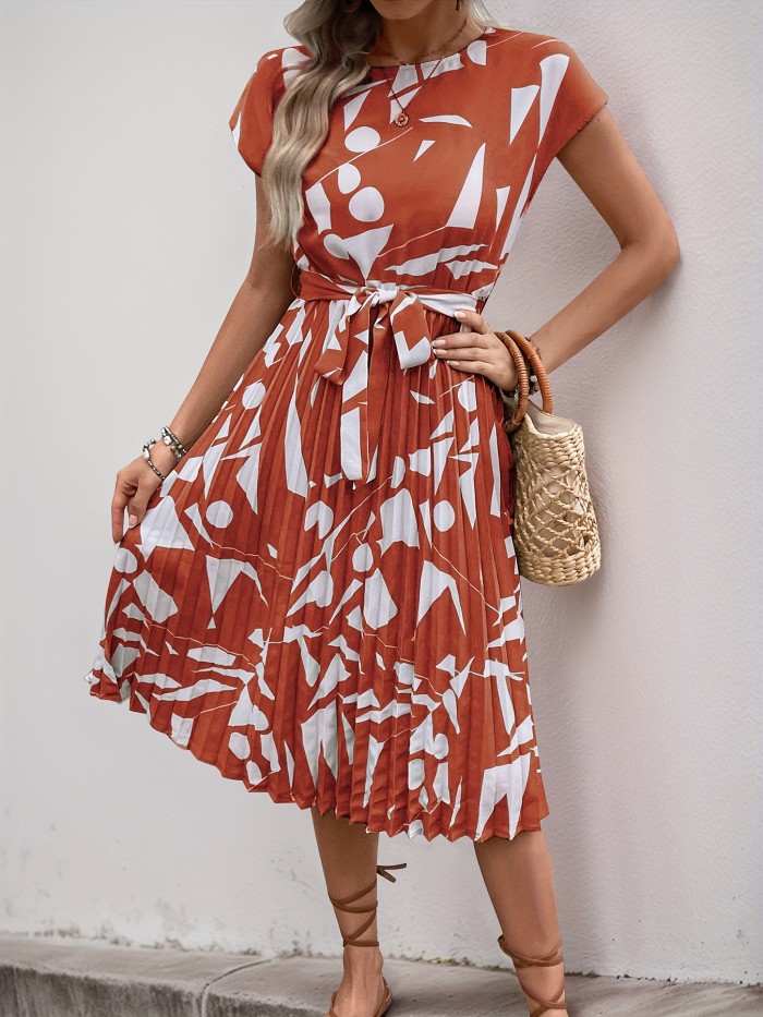 Women'S Summer Pink Geometric Print A-Line Midi Dress