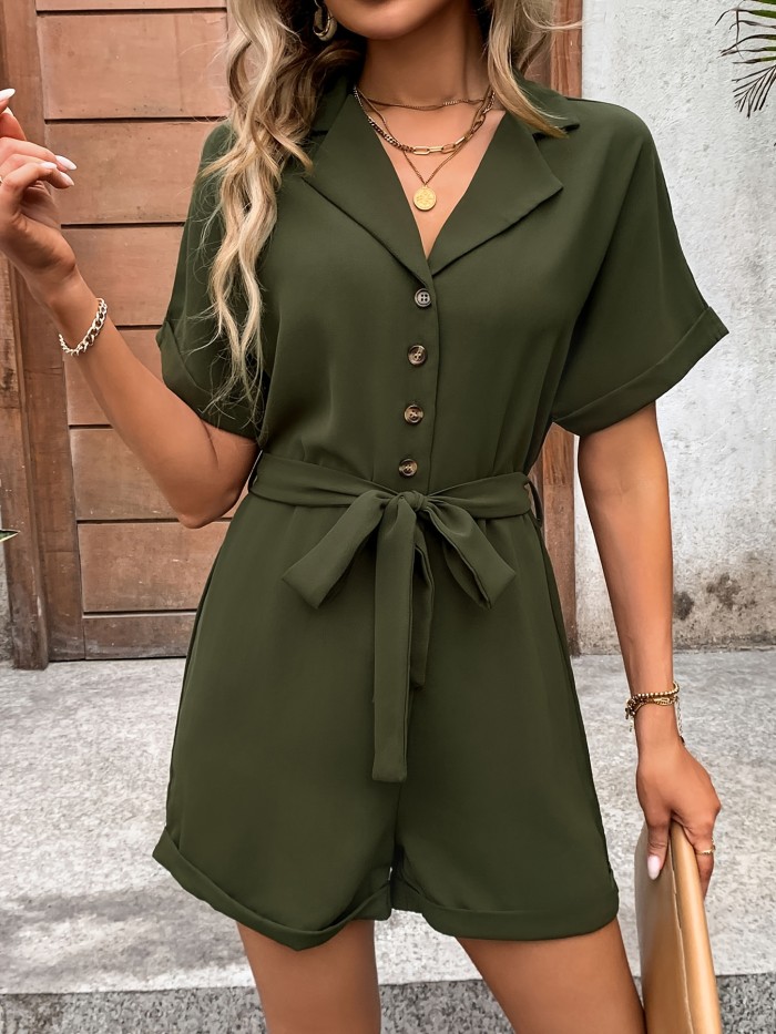 Solid Color V-Neck Jumpsuit, Button Belt Romper, Short Sleeve Casual Elegant Summer Outfit for Women