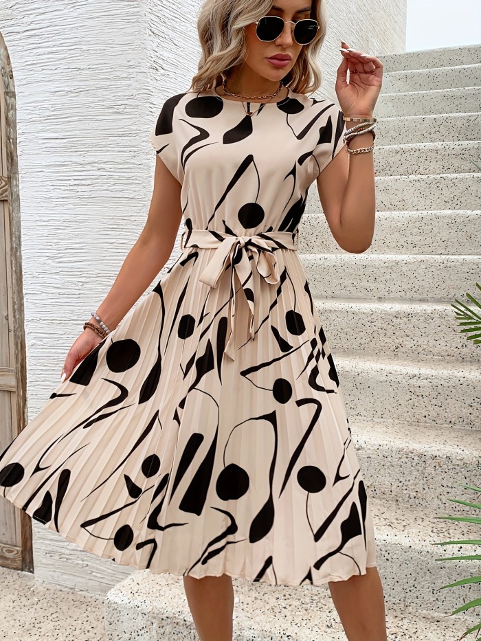 Women'S Summer Pink Geometric Print A-Line Midi Dress