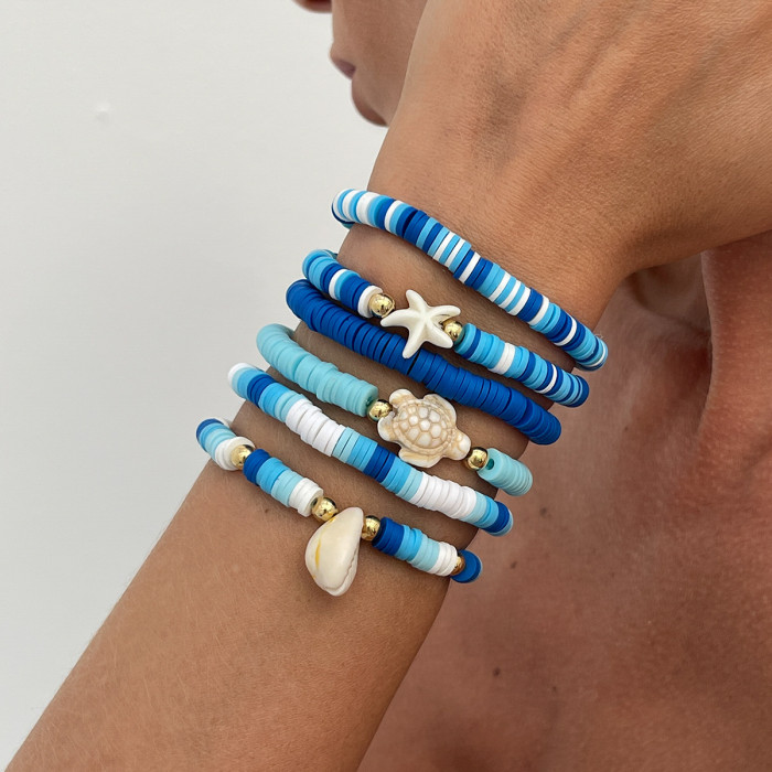 Boho Polymer Clay Chain Stackable Bracelets Set for Women Starfish Conch Flowers Turtle Pearls Elastic Bangles Aesthetic Jewery