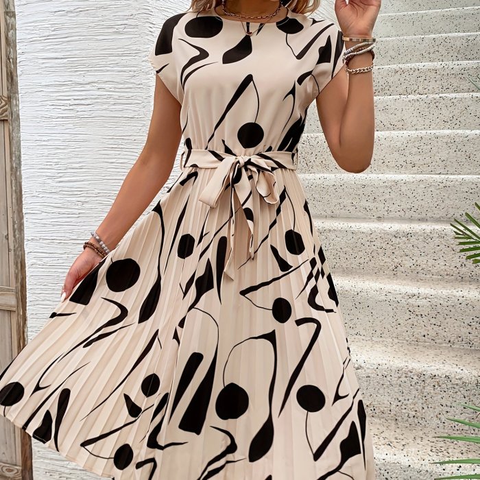 Women'S Summer Pink Geometric Print A-Line Midi Dress