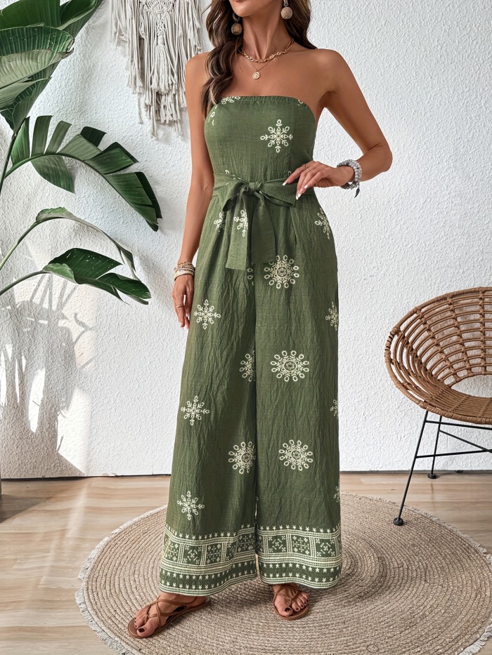 Summer Jumpsuit Elegant Strapless Printed Wide-Leg Jumpsuit, One Set | Perfect for Summer