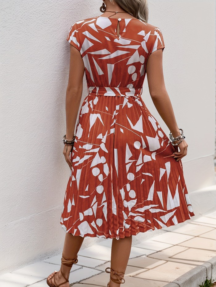 Women'S Summer Pink Geometric Print A-Line Midi Dress