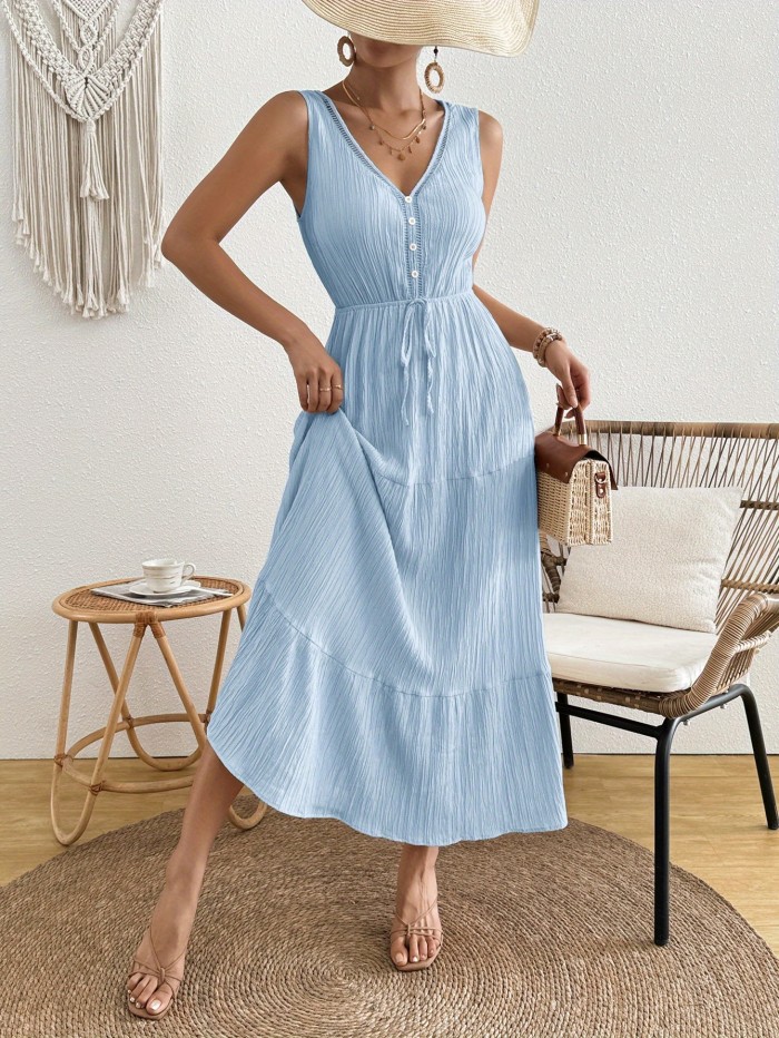 Women’s Solid Color V-Neck Sleeveless Maxi Dress