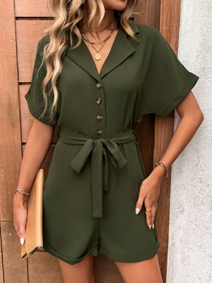 Solid Color V-Neck Jumpsuit, Button Belt Romper, Short Sleeve Casual Elegant Summer Outfit for Women