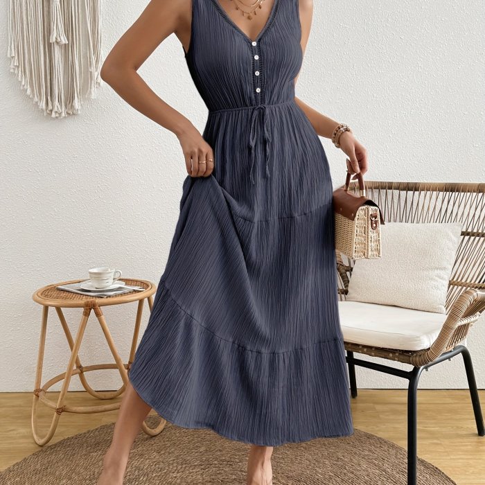 Women’s Solid Color V-Neck Sleeveless Maxi Dress