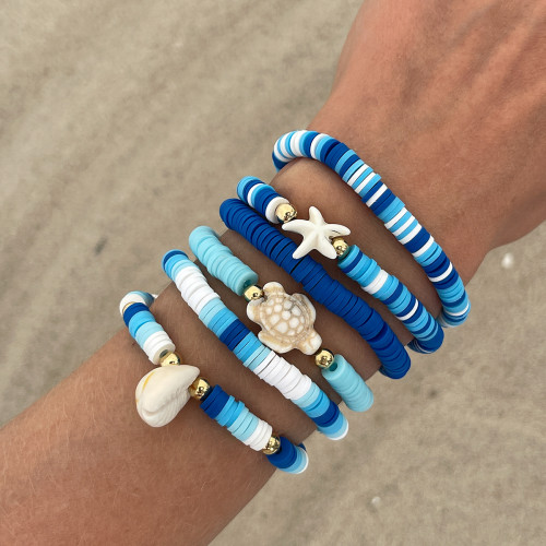 Boho Polymer Clay Chain Stackable Bracelets Set for Women Starfish Conch Flowers Turtle Pearls Elastic Bangles Aesthetic Jewery